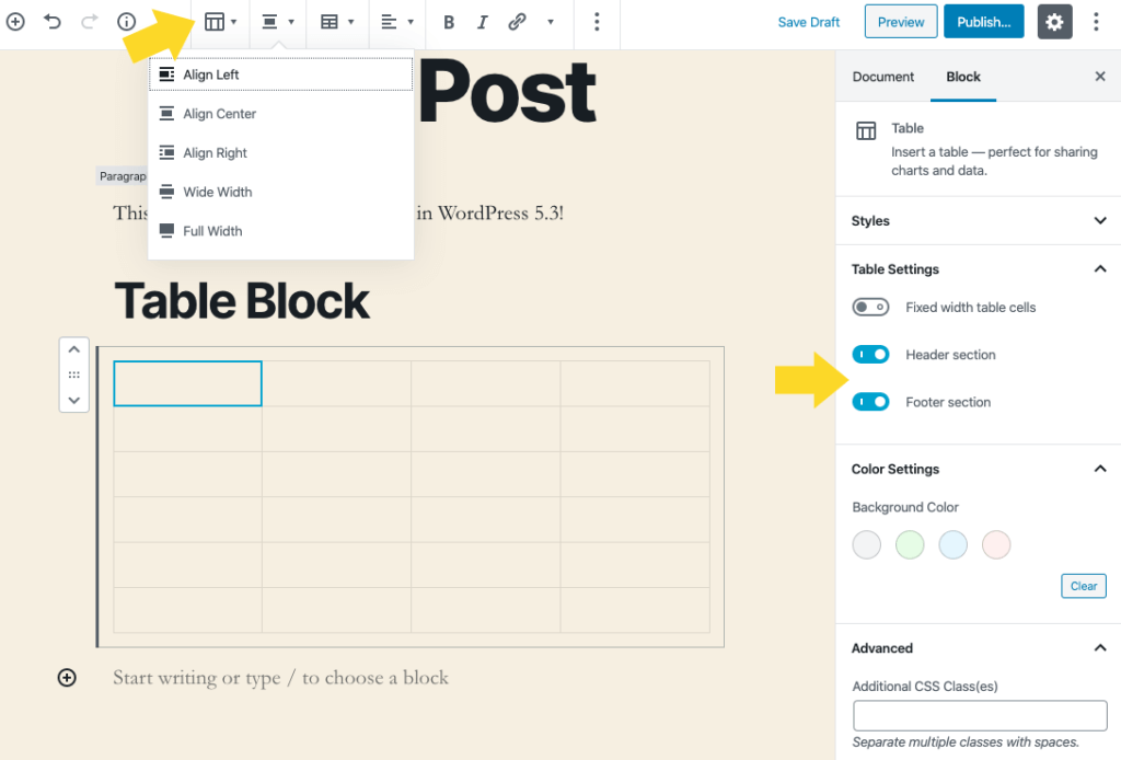 wordpress table block