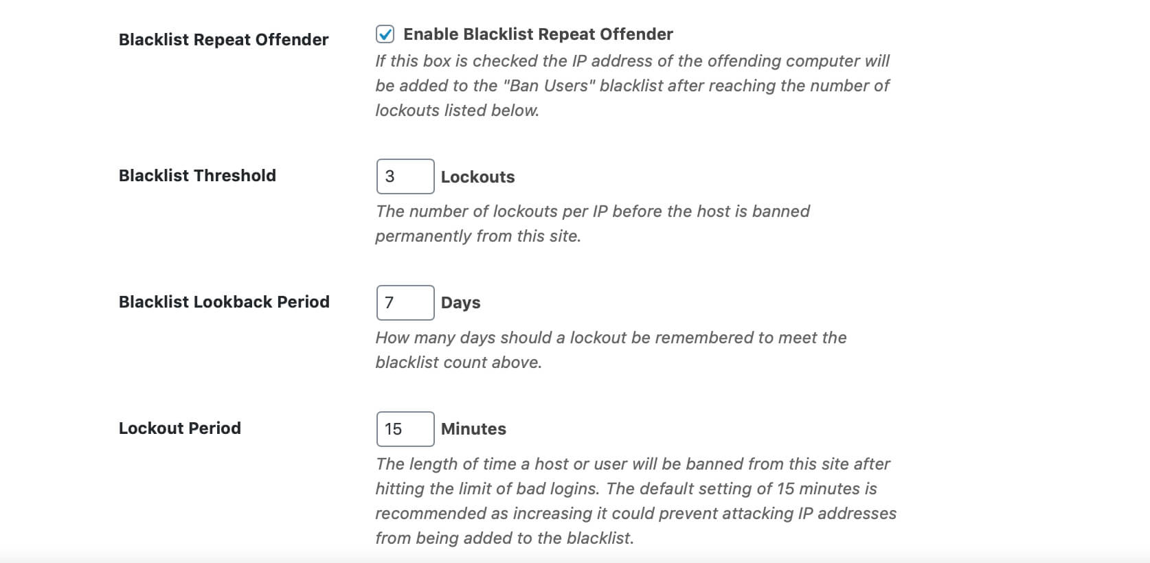 Screenshot of each of the four options, showing on-screen help text visible to everyone in the site security section.