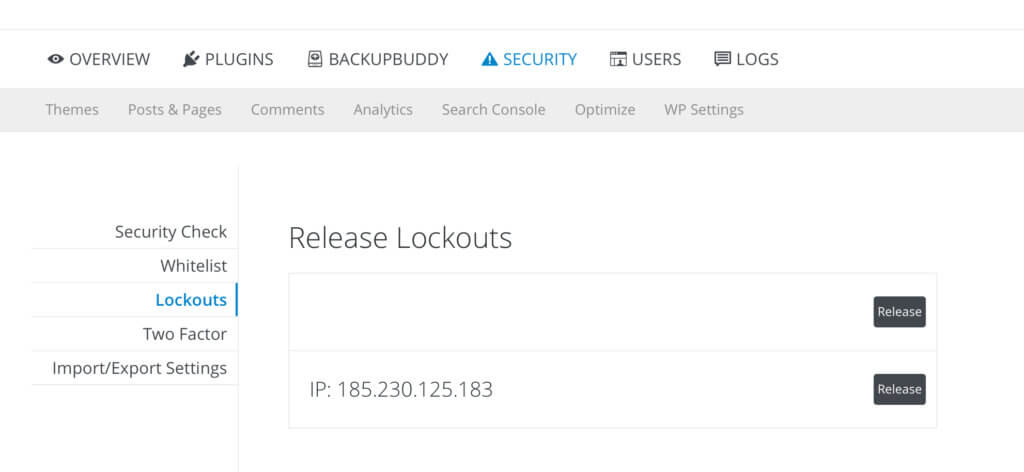 The "Release Lockouts" screen in iThemes Sync