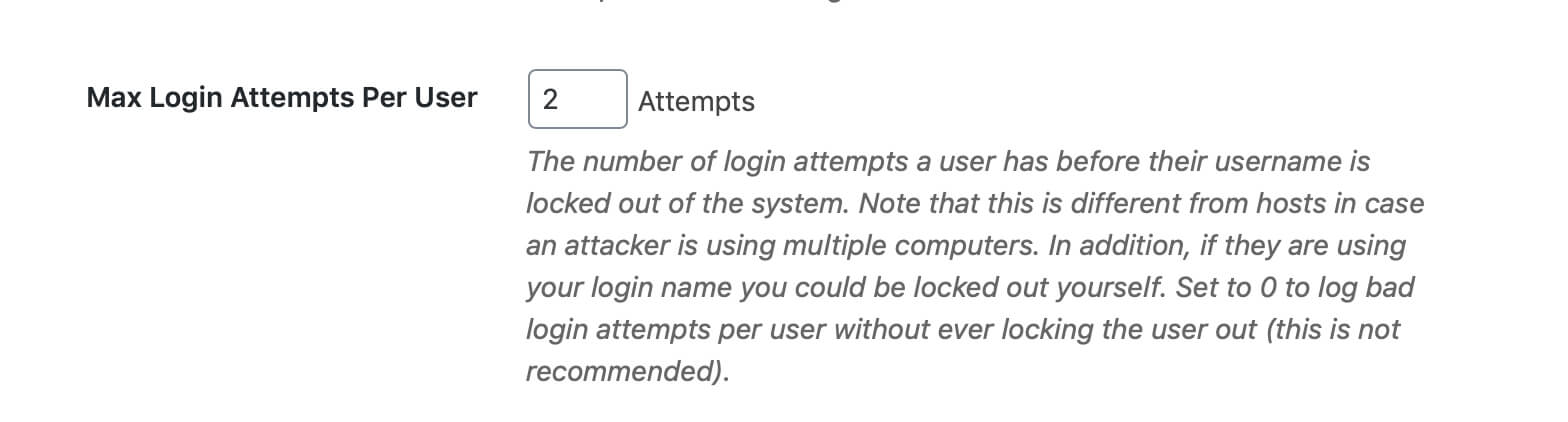 A screenshot showing the Max Login Attempts Per User set to 2