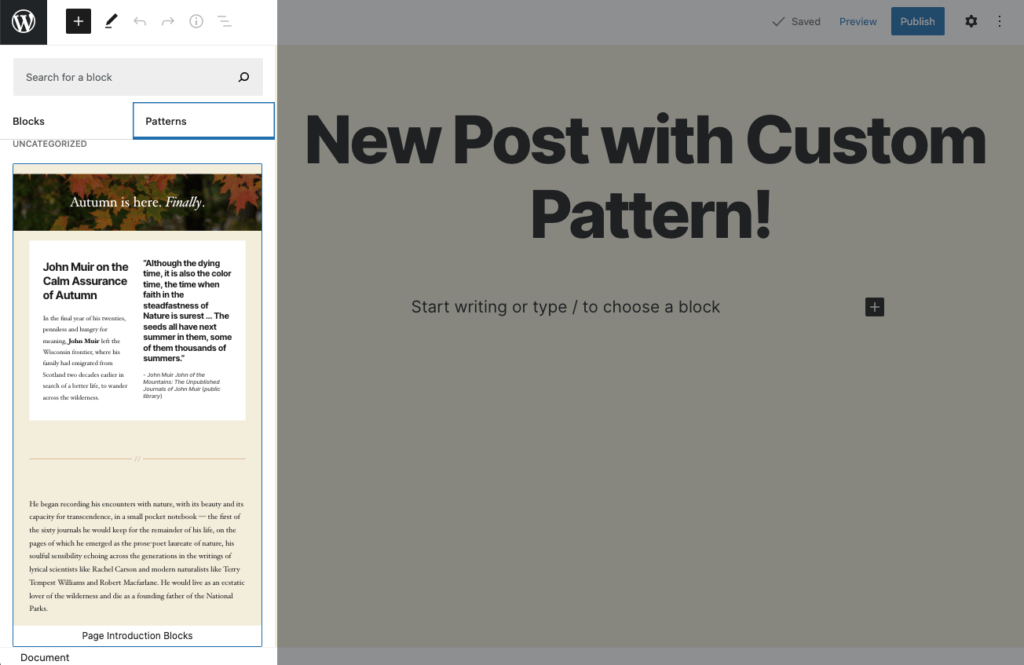 custom WordPress block pattern
