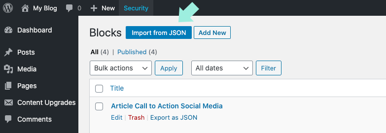 Import from JSON WordPress reusable blocks