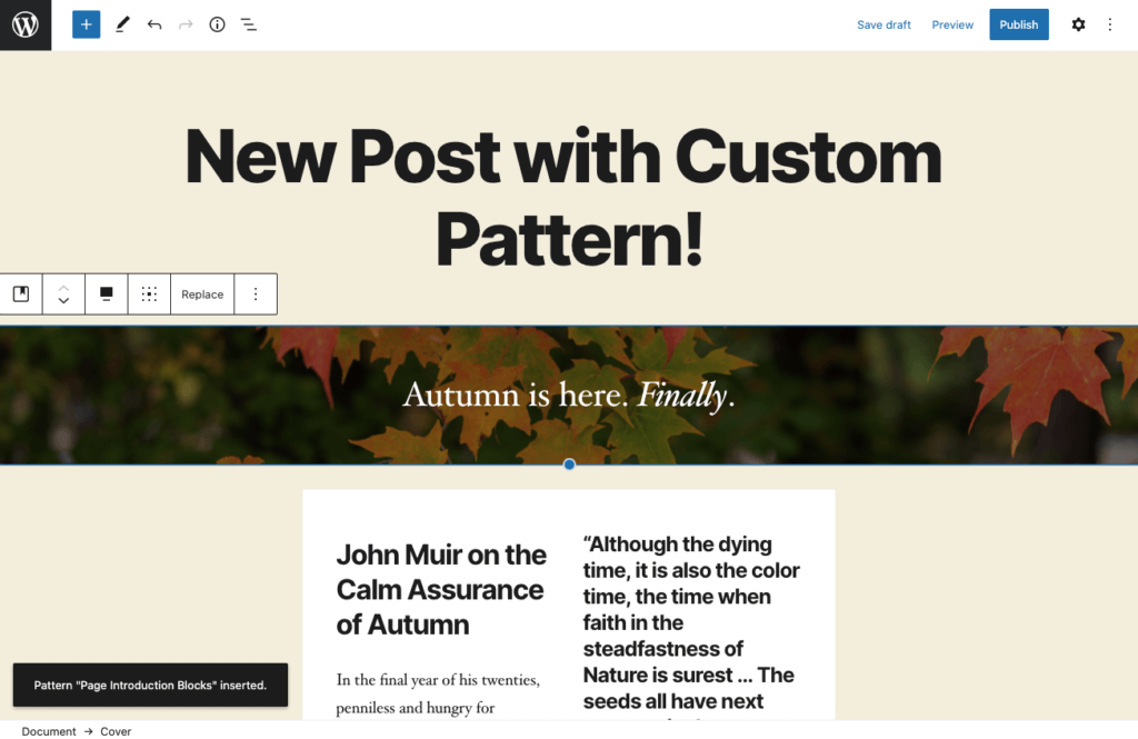 Insert custom WordPress block pattern