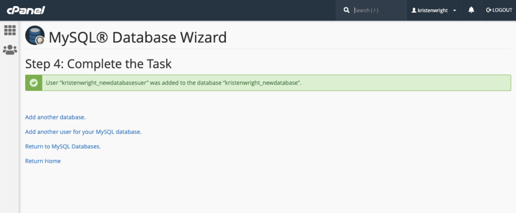 MySQL database wizard complete