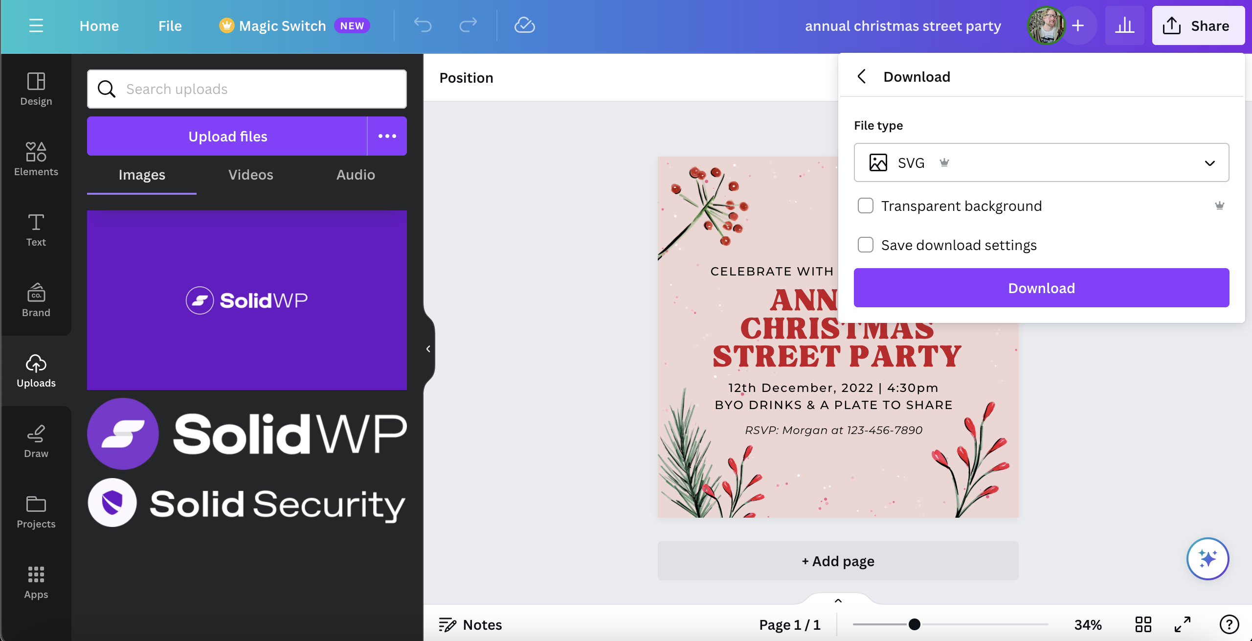 Screenshot of Canva SVG Editor opened to a Christmas Street Party announcement poster template.