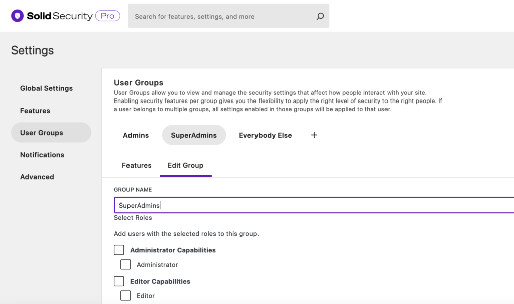 Solid Security Settings > User Groups › Edit Group 