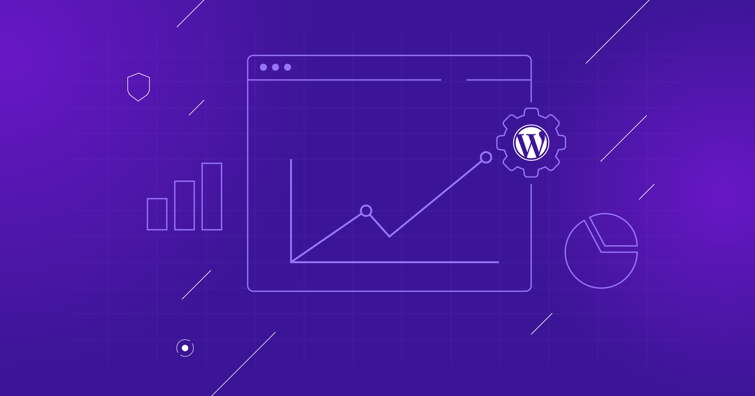 A simple, light purple outline Illustration of a line chart in a desktop user interface window overlaid with a small WordPress logo.