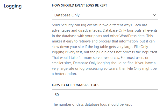 Solid Security logging settings
