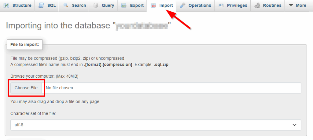 Restoring the WordPress database by importing a .sql file using phpMyAdmin.