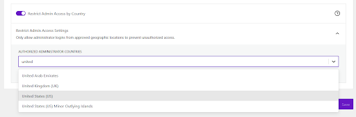 Restrict Admin Access feature turned on, showing a dropdown of approved administrator countries.