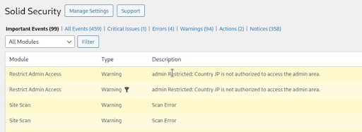 Security log showing warning entries for blocked admin login attempts from unauthorized countries.
