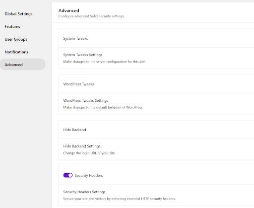 Settings > Advanced > Security Headers toggle